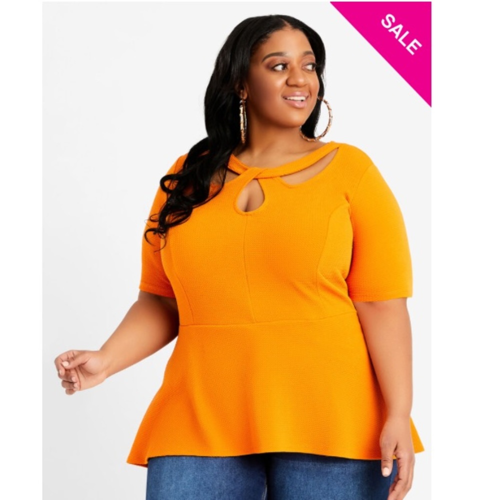 SOLID CUTOUT NECK PIQUE PEPLUM TOP